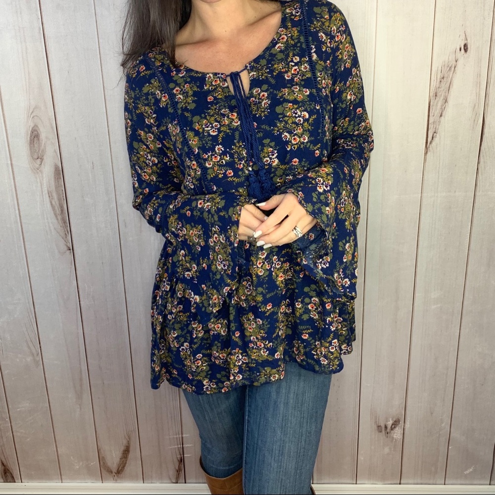 The Giovanna Blouse- navy floral bell peasant top - Picture 7 of 13